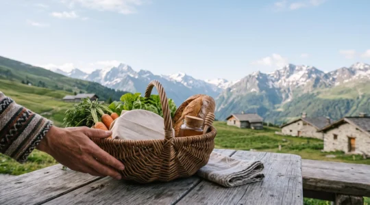 Panier de produits fermiers bio et locaux posé sur une table en bois avec un chalet et des sommets alpins en arrière-plan