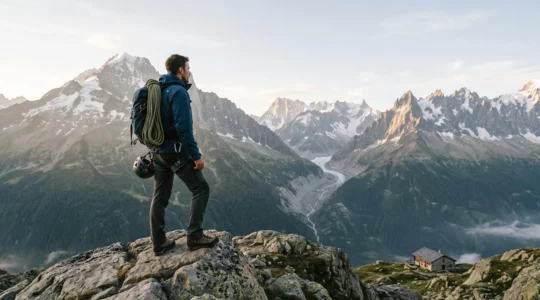 Aventurier équipé contemplant les sommets alpins au lever du jour avant un week-end d'activités extrêmes en montagne