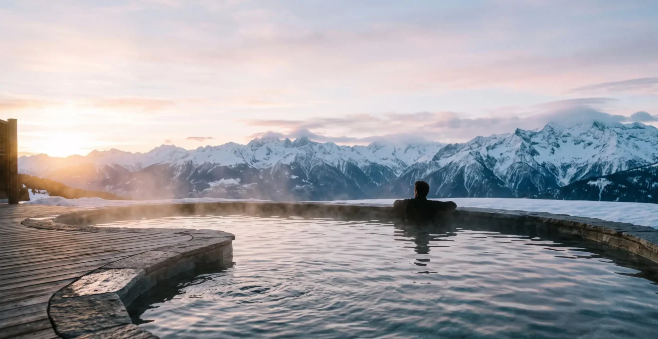 Bassin extérieur d'un spa de montagne français avec vue panoramique sur les sommets enneigés