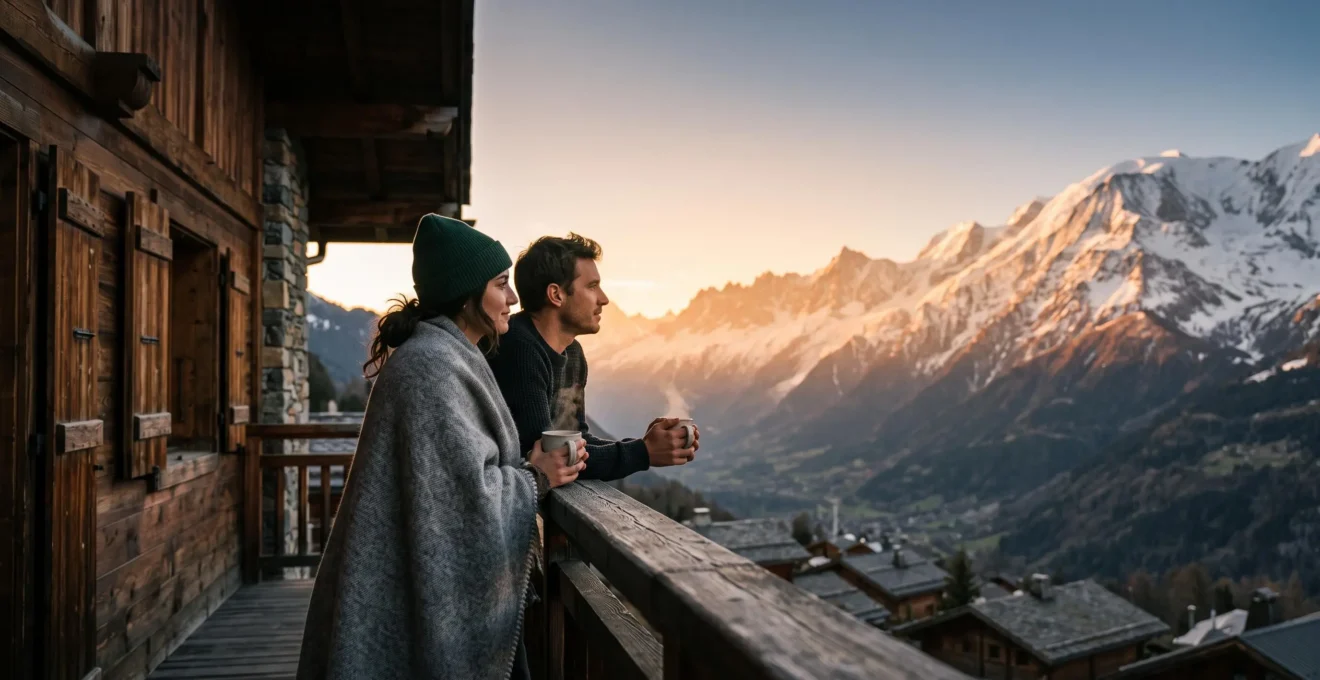 Couple romantique sur la terrasse en bois d'un chalet savoyard au coucher du soleil, avec vue panoramique sur les sommets enneigés