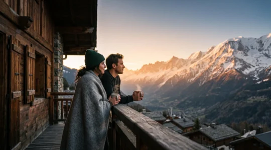 Couple romantique sur la terrasse en bois d'un chalet savoyard au coucher du soleil, avec vue panoramique sur les sommets enneigés
