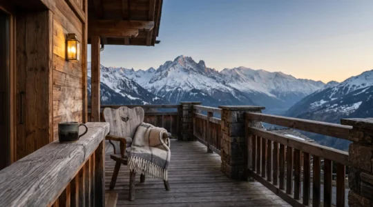 Chalet de montagne chaleureux avec terrasse en bois et vue sur les sommets enneigés, symbolisant un service personnalisé accessible sans le prix d'un palace
