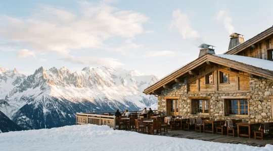 Facade d'un hotel chalet de montagne en pierre et bois avec vue panoramique sur les sommets enneiges des Alpes francaises