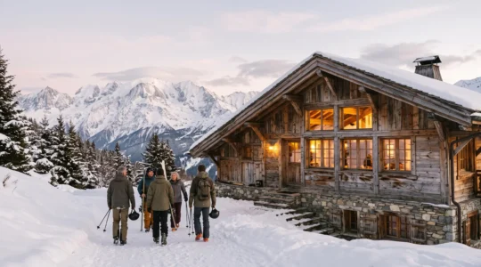 Grand chalet en bois traditionnel dans les Alpes françaises enneigées, accueillant un séjour de groupe entre amis