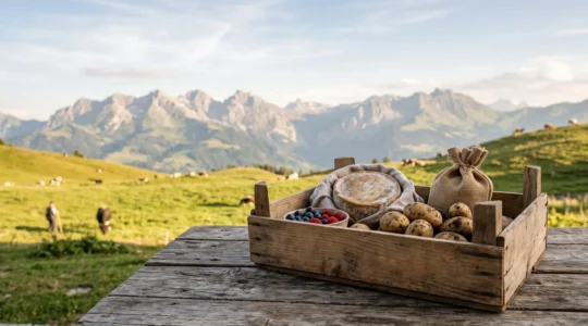 Panier de produits fermiers de montagne posé sur une table en bois avec un chalet alpin flou en arrière-plan
