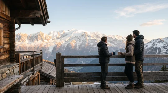 Couple en tenue de randonnée admirant un panorama de sommets alpins enneigés au coucher du soleil, devant un chalet en bois