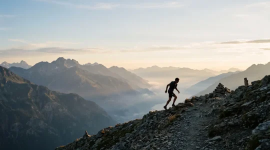 Silhouette d'un coureur de trail gravissant une crête alpine au lever du jour, symbole de dépassement physique en montagne