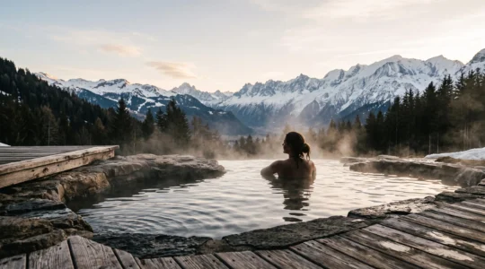 Personne se relaxant dans un bassin extérieur chauffé d'un spa alpin français, face aux sommets enneigés au lever du jour