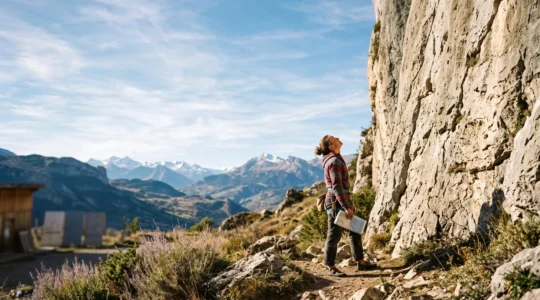 Un grimpeur au pied d'une falaise calcaire française s'apprête à quitter le confort de la salle pour sa première voie en pleine montagne