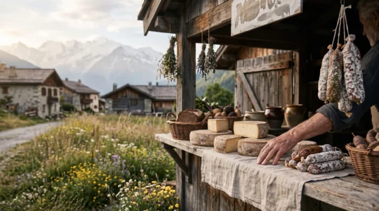 Étal de producteur de montagne présentant fromages et charcuteries artisanales devant un paysage alpin