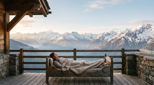 Personne allongée sur une terrasse en bois d'un chalet de montagne français, au lever du jour, dans une position de repos paisible face aux sommets alpins