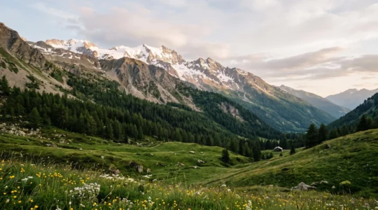Vue panoramique d'une vallée alpine française montrant la transition progressive de la végétation depuis les prairies verdoyantes jusqu'aux sommets rocheux enneigés