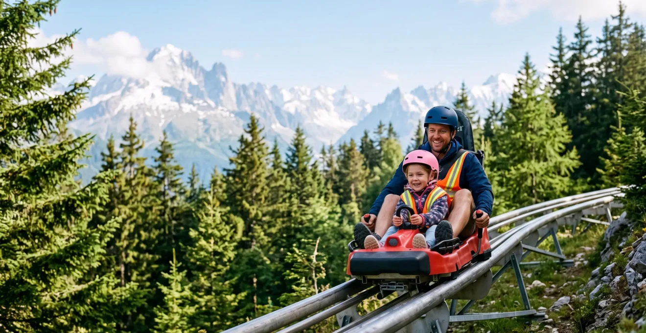 Un parent et son enfant dévalent ensemble une piste de luge d'été sur rail dans un paysage alpin français, sous un ciel dégagé.