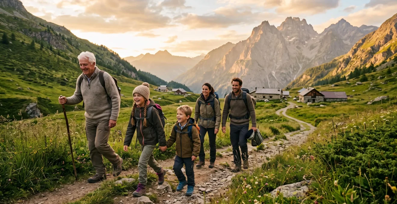 Une famille pratique une activite sportive en montagne francaise, entre randonnee et VTT, sous une lumiere naturelle de fin de journee