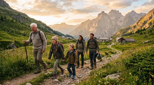 Une famille pratique une activite sportive en montagne francaise, entre randonnee et VTT, sous une lumiere naturelle de fin de journee