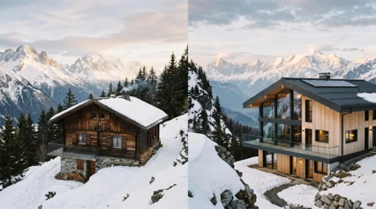 Comparaison visuelle entre un chalet de montagne traditionnel en bois et un chalet moderne aux lignes epurees dans les Alpes francaises