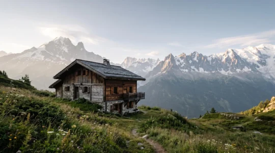 Chalet de montagne traditionnel niché dans un paysage alpin français au lever du jour
