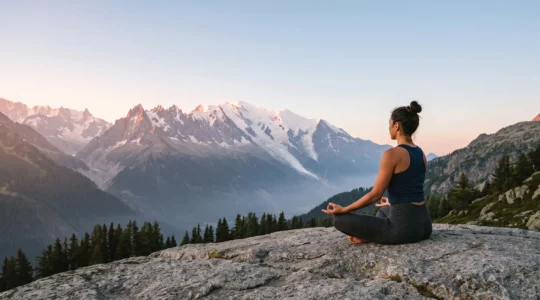 Personne en posture de yoga au lever du soleil face à un sommet alpin, illustrant l'harmonie entre corps et esprit lors d'un séjour en montagne en France