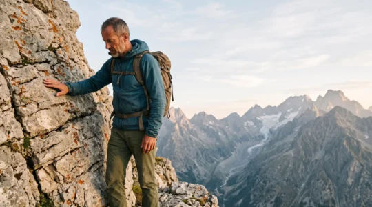 Grimpeur observant de pres les strates et fissures d'une paroi rocheuse calcaire dans les Alpes francaises au lever du jour