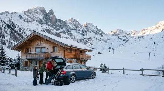Famille préparant ses bagages devant un chalet de montagne enneigé dans les Alpes françaises au lever du jour