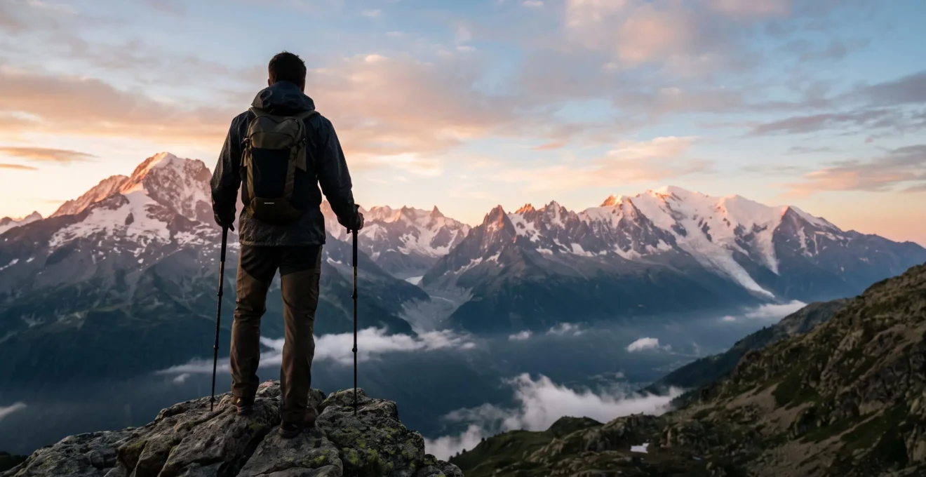 Photographe amateur contemplant un panorama de sommets alpins enneigés baignés par la lumière rosée du lever du jour