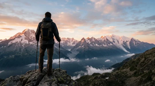 Photographe amateur contemplant un panorama de sommets alpins enneigés baignés par la lumière rosée du lever du jour