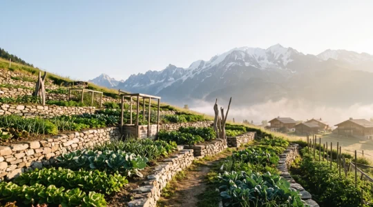 Rangées de légumes cultivés en terrasses dans un potager de montagne, avec les sommets alpins enneigés en arrière-plan au lever du soleil