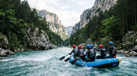 Groupe de rafteurs pagayant ensemble sur une riviere alpine aux eaux turquoise entouree de falaises calcaires