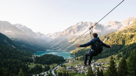 Silhouette d'une personne s'élançant sur une tyrolienne géante au-dessus d'une vallée alpine française au lever du soleil