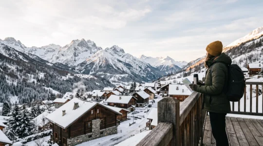 Voyageur découvrant pour la première fois un village de montagne enneigé dans les Alpes françaises au lever du soleil