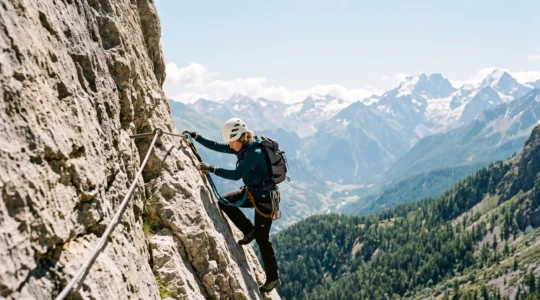 Randonneur equipe d'un harnais et d'un casque progressant sur une paroi rocheuse equipee d'une via ferrata dans les Alpes francaises