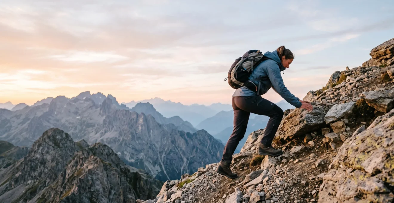Randonneur en pleine ascension sur un sentier de montagne française, incarnant la transformation de la marche en véritable entraînement sportif