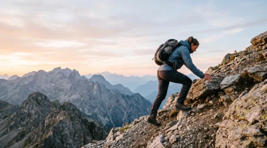 Randonneur en pleine ascension sur un sentier de montagne française, incarnant la transformation de la marche en véritable entraînement sportif