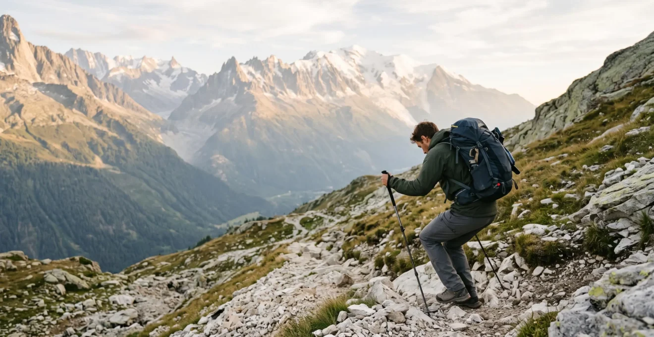 Randonneur descendant avec précaution un sentier de montagne raide dans les Alpes françaises, bâtons plantés et genoux fléchis