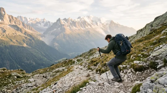 Randonneur descendant avec précaution un sentier de montagne raide dans les Alpes françaises, bâtons plantés et genoux fléchis