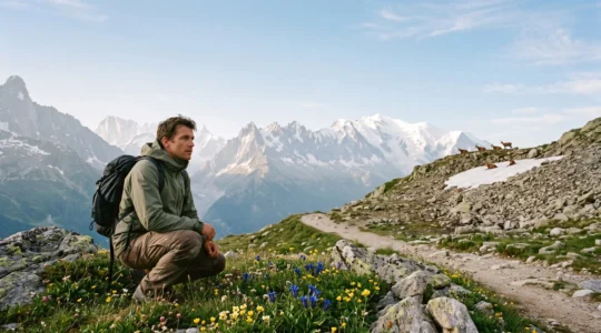 Randonneur observant attentivement une prairie alpine fleurie avec les sommets enneigés des Alpes françaises en arrière-plan