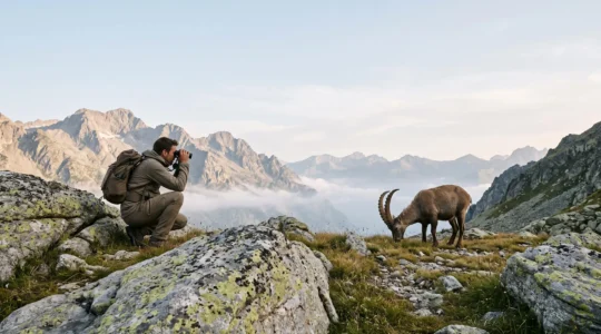 Randonneur observant discrètement un bouquetin dans un décor de haute montagne française sauvage, illustrant la reconnexion à la nature