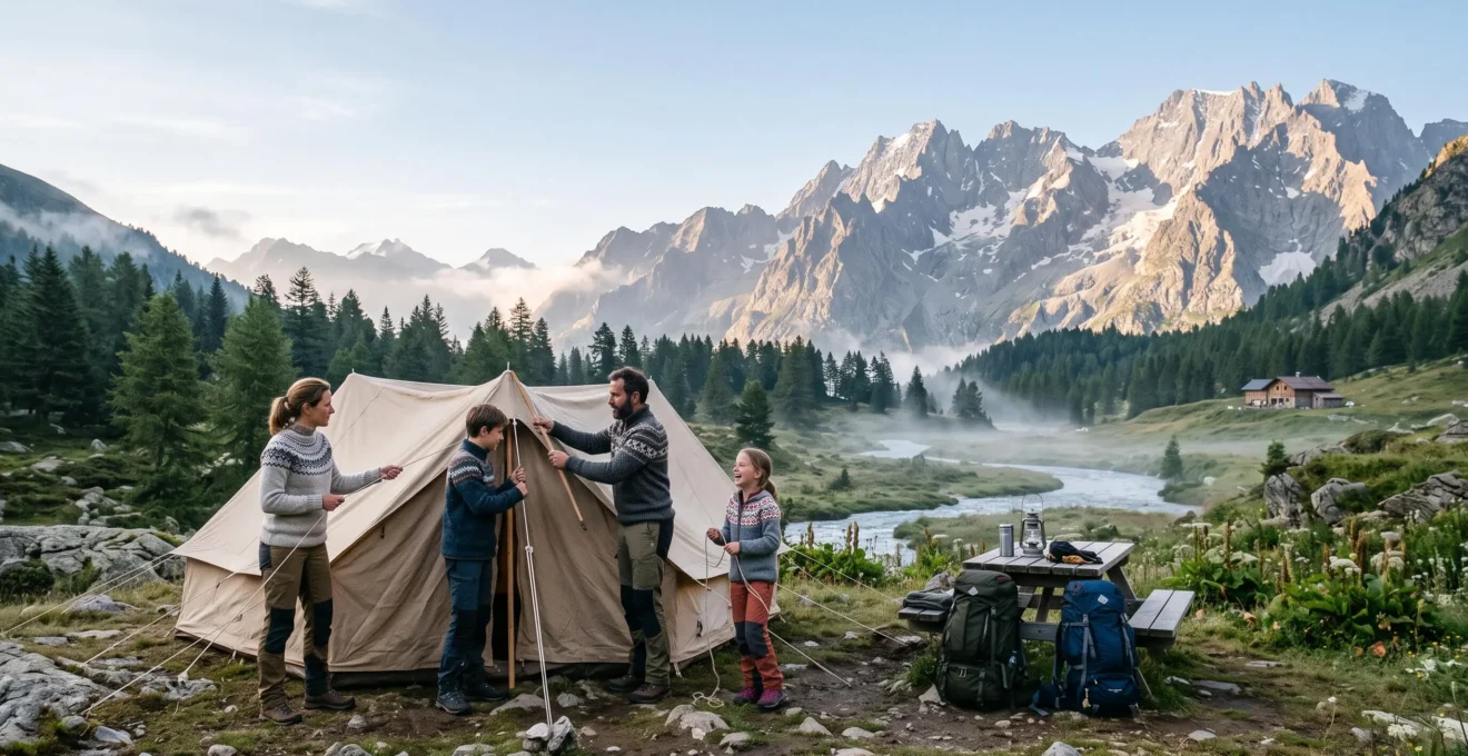 Famille installant sa tente dans un campement au pied des sommets alpins au lever du jour