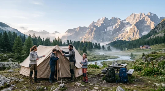 Famille installant sa tente dans un campement au pied des sommets alpins au lever du jour