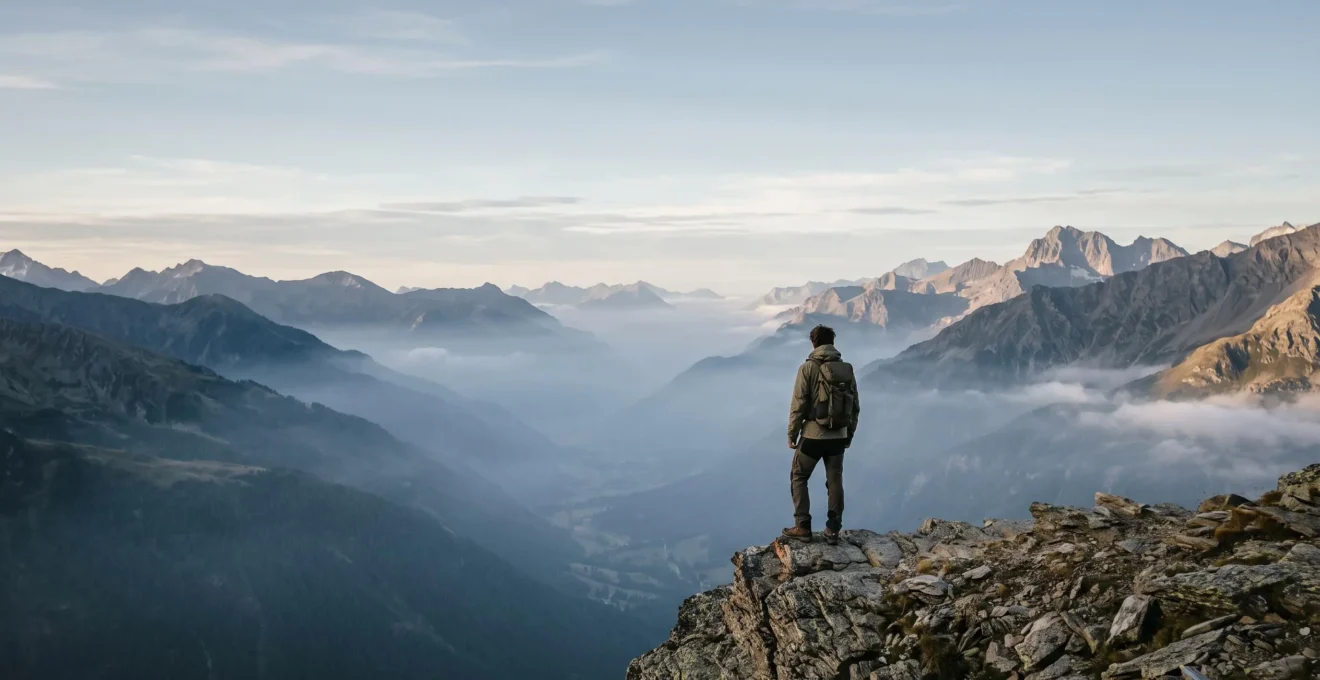 Randonneur seul contemplant un vaste paysage alpin silencieux au lever du jour, symbole de la fuite de la pollution sonore vers le calme de la montagne française