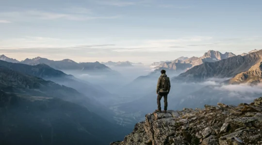 Randonneur seul contemplant un vaste paysage alpin silencieux au lever du jour, symbole de la fuite de la pollution sonore vers le calme de la montagne française