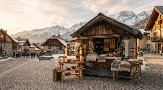 Étal en bois d'un artisan de montagne présentant des objets sculptés faits main devant un panorama alpin, sans aucun logo ni texte visible
