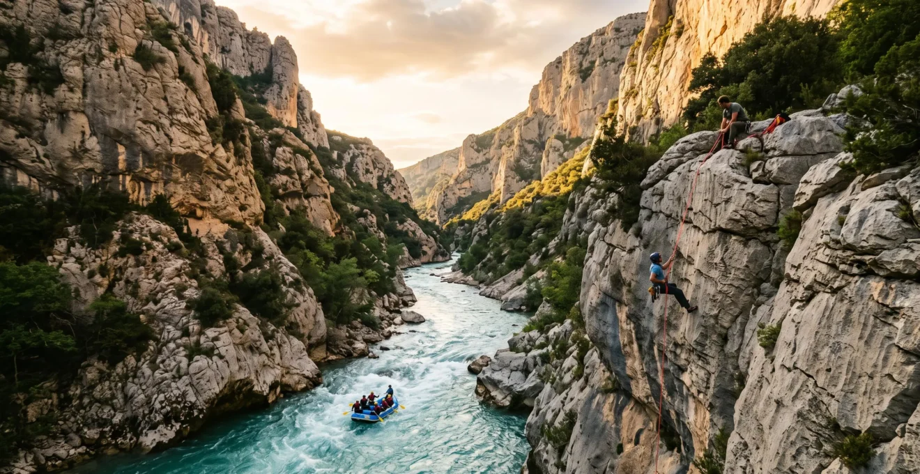 Vue panoramique d'une rivière de montagne encaissée en France avec des pratiquants de sports d'eaux vives évoluant sur l'eau turquoise entre falaises rocheuses