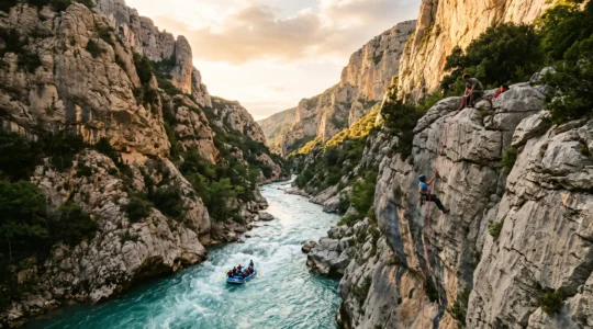 Vue panoramique d'une rivière de montagne encaissée en France avec des pratiquants de sports d'eaux vives évoluant sur l'eau turquoise entre falaises rocheuses