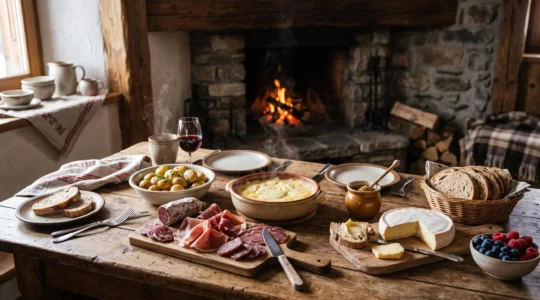 Table en bois rustique dressée avec des spécialités culinaires de montagne françaises dans un chalet alpin