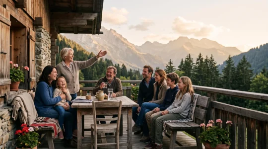 Trois générations d'une famille française partageant un moment convivial sur la terrasse d'un chalet de montagne au coucher du soleil