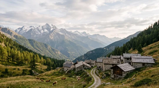 Vue panoramique d'un authentique village de montagne français niché au fond d'une vallée isolée, loin des foules touristiques
