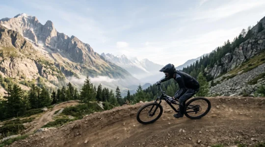 Vététiste engagé dans un virage relevé sur un sentier de montagne alpin au lever du jour, illustrant l'apprentissage du VTT en montagne