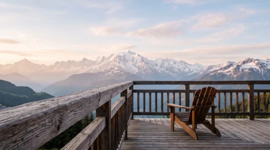 Terrasse d'un chalet de montagne français offrant une vue panoramique sur les sommets alpins au lever du soleil