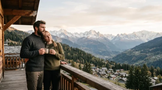 Couple complice partageant un moment de calme face à un panorama de montagne française au lever du soleil